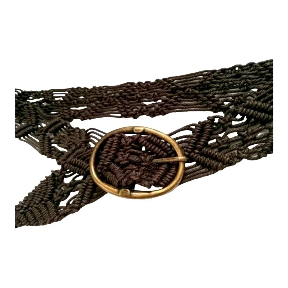 Vtg Hippie Macrame Belt Adjustable Brown Leather Brass Buckle Boho